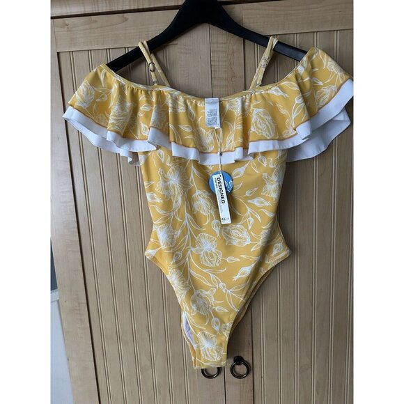 Cupshe Yellow Off Shoulder Ruffle Textured One Piece Swimsuit Size M - Picture 3 of 6